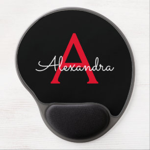 Red Black Girly Script Monogram Name Modern Gel Mouse Pad