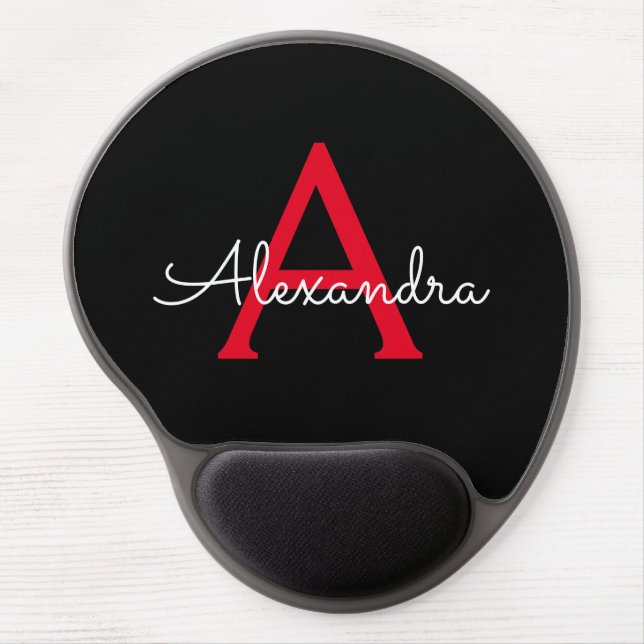 Red Black Girly Script Monogram Name Modern Gel Mouse Pad (Front)