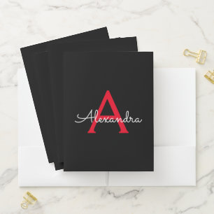 Red Black Girly Script Monogram Name Modern Pocket Folder