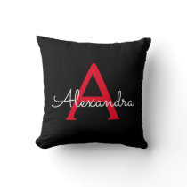 Red Black Glam Script Girly Monogram Name Throw Pillow