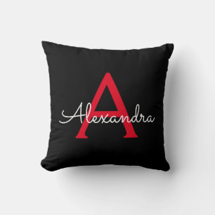 Red Black Glam Script Girly Monogram Name Throw Pillow