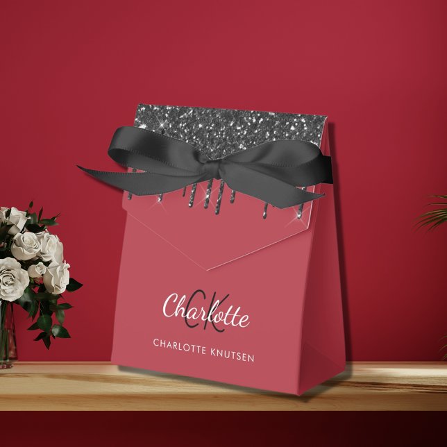 Red black glitter drips monogrammed favor boxes (Creator Uploaded)