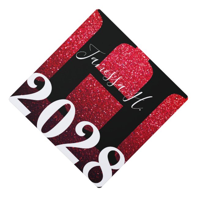 Red Black Glitter Ombre Monogram Name Graduation Graduation Cap Topper (Front)