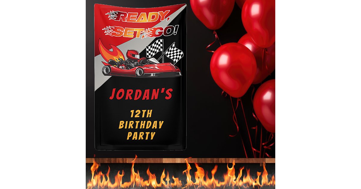 Red | Black Go Kart Racing Birthday Banner | Zazzle