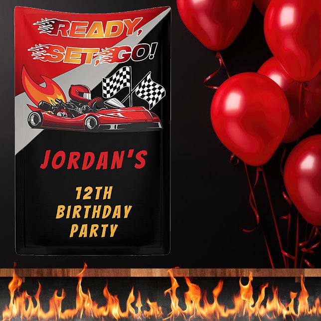 Red | Black Go Kart Racing Birthday Banner (Red and Black Go Kart Racing Kid's Birthday Party "Ready, Set, Go!" Banner)