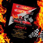 Red | Black Go Kart Racing Birthday Invitation<br><div class="desc">Race on over to celebrate a go kart racing-themed birthday. This birthday party design features a red and black go kart with a red helmeted drive and flames shooting out the back of the go kart. The words "Ready, Set, Go!" are also done in a flame-toned gradient. A pair of...</div>