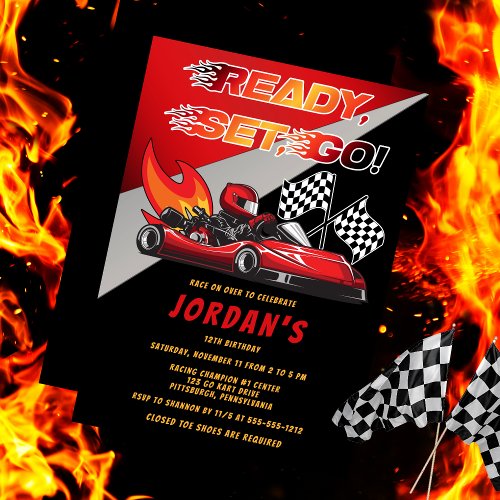 Red  Black Go Kart Racing Birthday Invitation