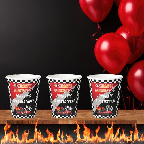 Red  Black Go Kart Racing Birthday Paper Cups
