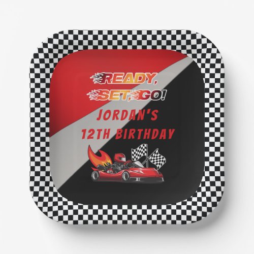 Red  Black Go Kart Racing Birthday Paper Plates