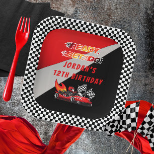 Red   Black Go Kart Racing Birthday Paper Plates