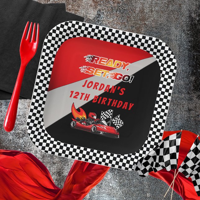 Red | Black Go Kart Racing Birthday Paper Plates (Red and Black Go Kart Racing Kid's Birthday Party "Ready, Set, Go!" Paper Plates)