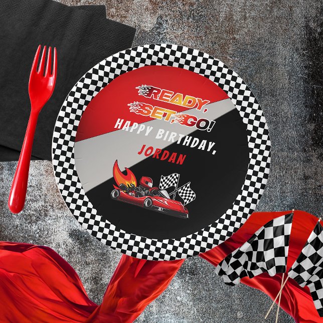 Red | Black Go Kart Racing Birthday Paper Plates (Red and Black Go Kart Racing Kid's Birthday Party "Ready, Set, Go!" Paper plates)