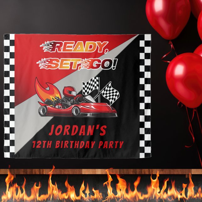 Red | Black Go Kart Racing Birthday Party Backdrop (Red and Black Kid's Go Kart Racing Kid's "Ready, Set, Go!" Birthday Party Backdrop)