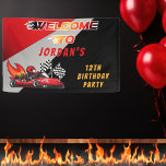 Red | Black Go Kart Racing Birthday Party Welcome Banner<br><div class="desc">Race on over to celebrate a go kart racing-themed birthday. This birthday party design features a red and black go kart with a red helmeted drive and flames shooting out the back of the go kart. The words "WELCOME TO" are also done in a flame-toned gradient. A pair of checkered...</div>