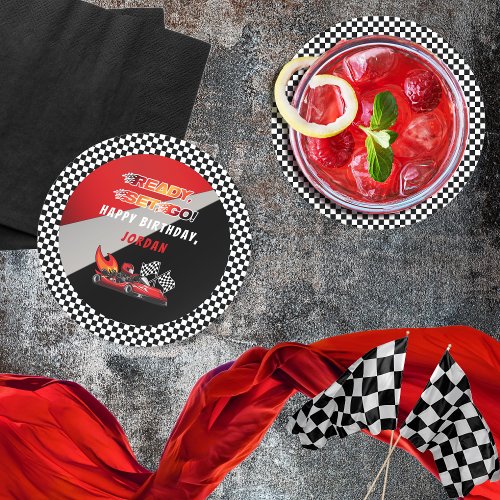 Red  Black Go Kart Racing Birthday Round Paper Coaster