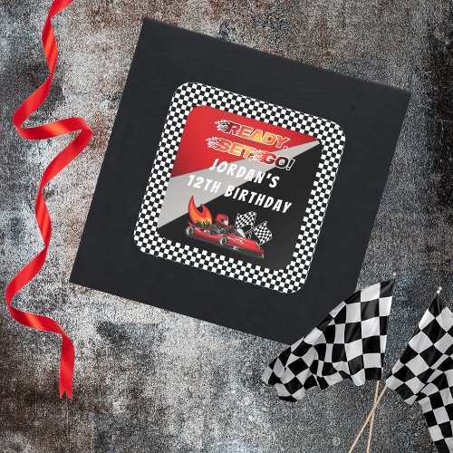 Red  Black Go Kart Racing Birthday Square Sticker
