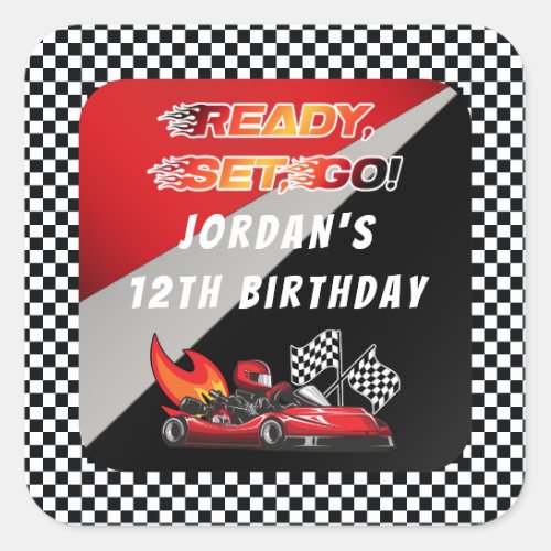 Red  Black Go Kart Racing Birthday Square Sticker