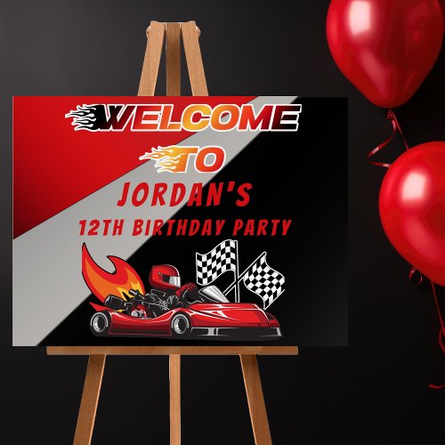 Red Black Go Kart Racing Birthday Welcome Sign 