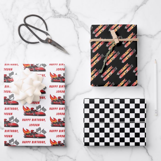 Red | Black Go Kart Racing Birthday Wrapping Paper Sheets (Front)