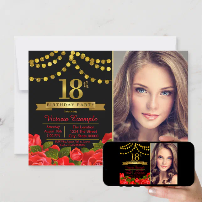 Red Black Gold 18th Birthday Party Invitation | Zazzle