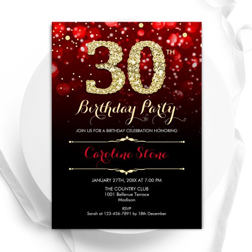 Red Black Gold 30th Birthday Invitation