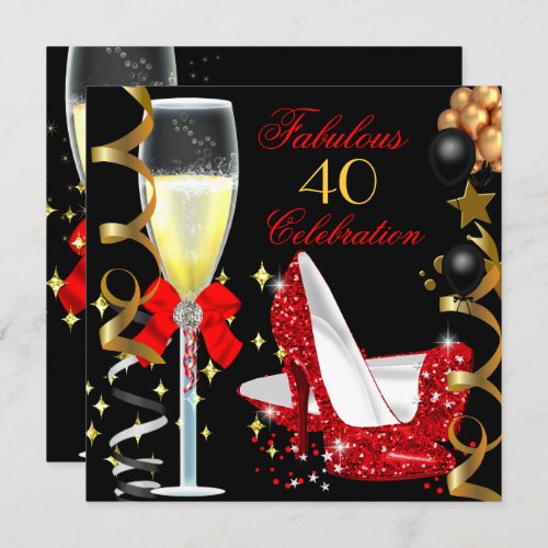 Red Black Gold 40  Fabulous 40th Birthday Party 2 Invitation