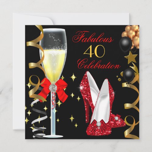 Red Black Gold 40  Fabulous 40th Birthday Party Invitation