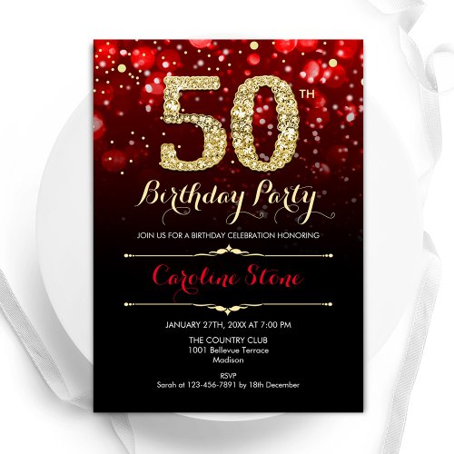 Red Black Gold 50th Birthday Invitation