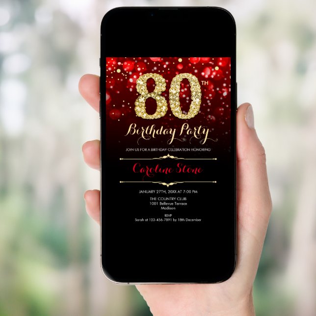 Red Black Gold 80th Birthday Invitation (Front Digital)