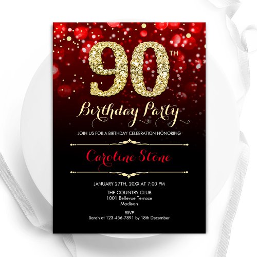 Red Black Gold 90th Birthday Invitation