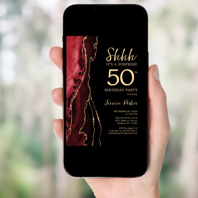 Red Black Gold Agate Surprise 50th Birthday Invitation (Front Digital)