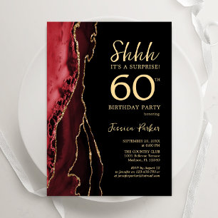 Red Black Gold Agate Surprise 60th Birthday Invitation