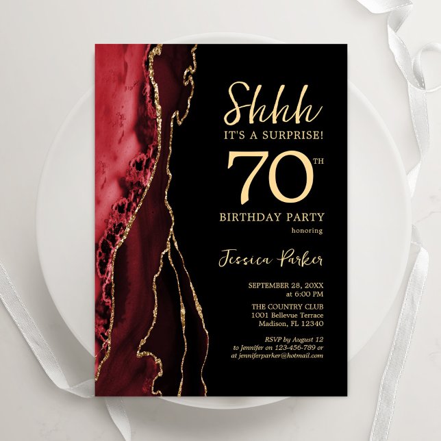 Red Black Gold Agate Surprise 70th Birthday Invitation (Creator Uploaded)