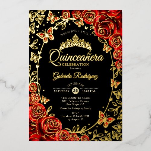 Red Black Gold Butterflies Roses Quinceanera Foil Invitation