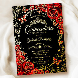 Red Black Gold Butterflies Roses Quinceanera Foil Invitation