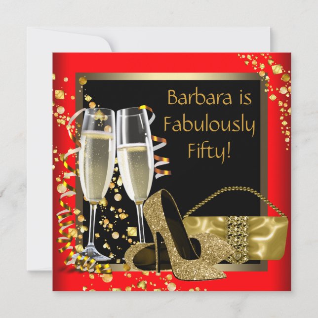Red Black Gold Champagne 50th Birthday Party Invitation (Front)