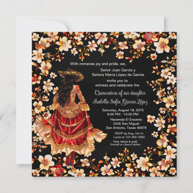 Red Black Gold Charra Quinceañera Invitation (Front)