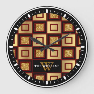 Red Black Gold Checkerboard Monogram Large Clock