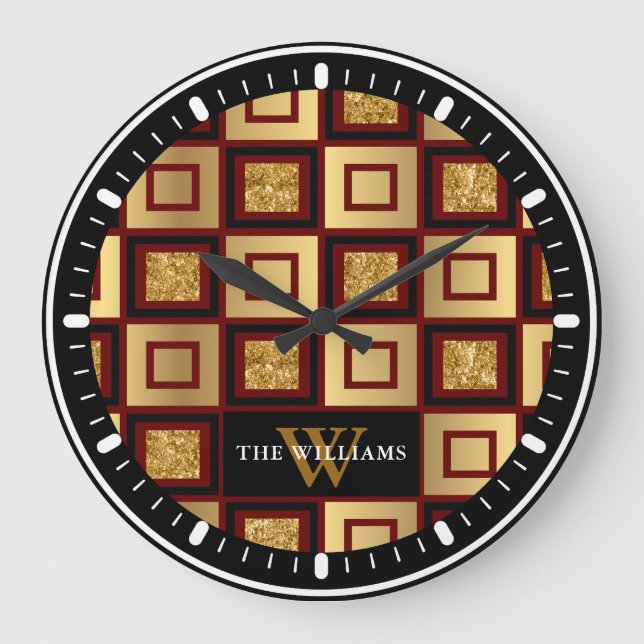 Red Black Gold Checkerboard Monogram Large Clock (Front)