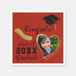 Red Black Gold Class of 2025 Photo Graduation Napkins