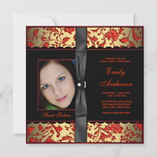 Red Black Gold Damask Photo Sweet 16 Party Invitation