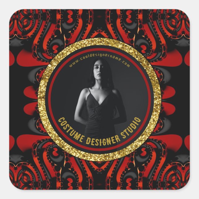 Red Black + Gold Dark Artistry Business Promo Self Square Sticker (Front)