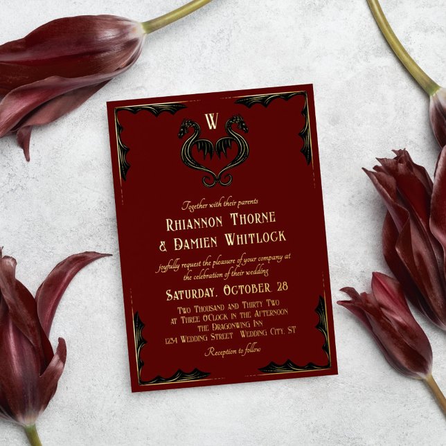 Red Black Gold Dragon Monogram Fantasy Wedding Foil Invitation (Creator Uploaded)