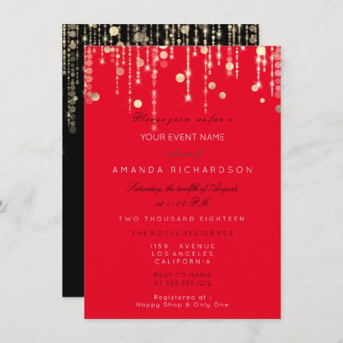 Red Black  Gold Drips Birthday Bridal Shower Invitation