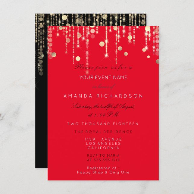Red Black  Gold Drips Birthday Bridal Shower Invitation (Front/Back)