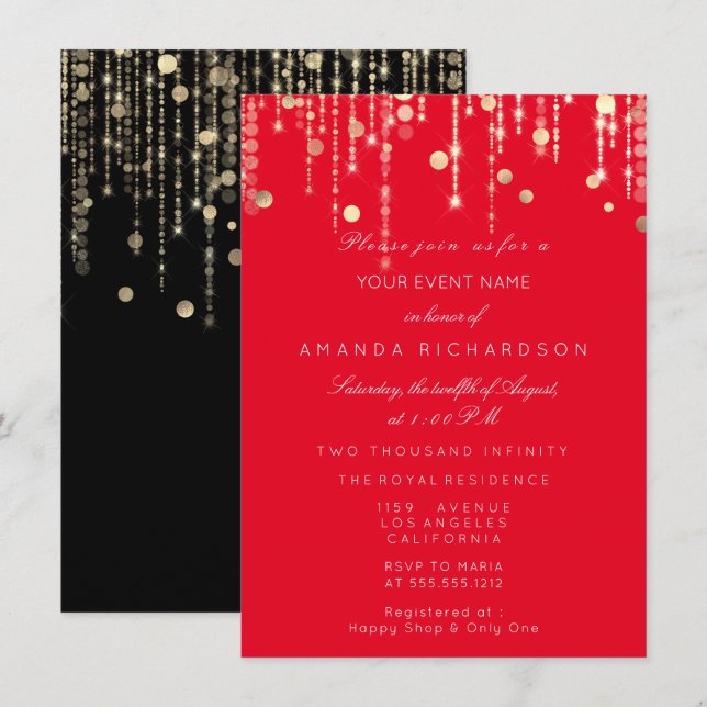 Red Black  Gold Drips Birthday Bridal Wedding Invitation (Front/Back)