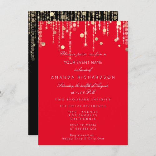 Red Black  Gold Drips Birthday Bridal Wedding Invitation