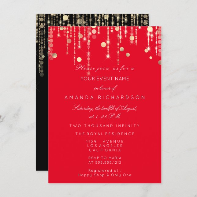 Red Black  Gold Drips Birthday Bridal Wedding Invitation (Front/Back)