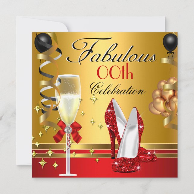 Red Black Gold Fabulous Birthday Party Invitation (Front)
