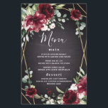 Red Black Gold Floral Elegant Wedding Menu Cards<br><div class="desc">Design features a black chalkboard printed texture for the background with a printed gold colored geometric frame that’s covered in unique elegant greenery that consists of eucalyptus and other leaves/branch elements. Design also features burgundy red rose and peony flowers and other blush pink floral elements for added unique décor.</div>